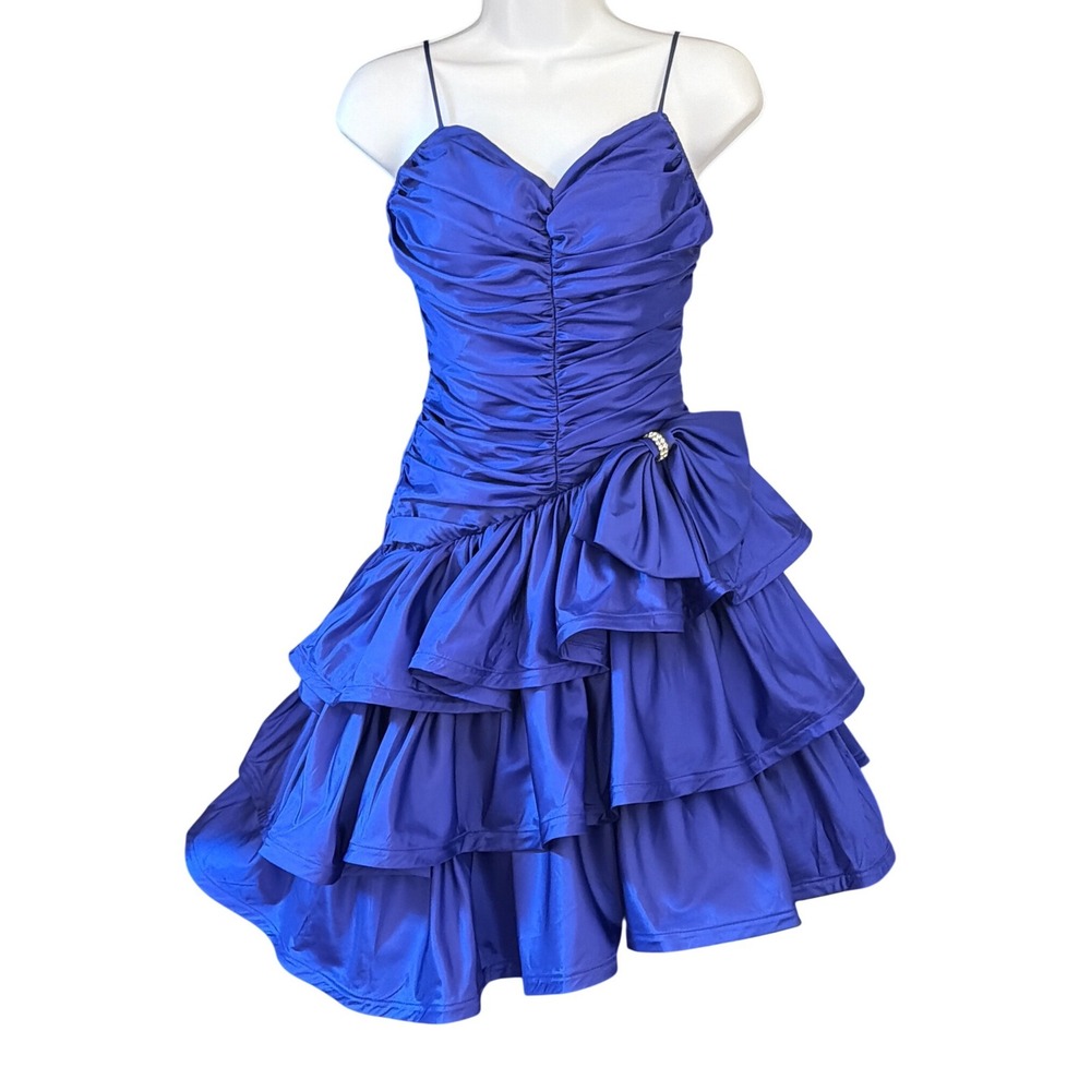 80s Zum Zum Ruffle Dress Prom Retro Party Glam Royal Blue Rhinestone Bow Union